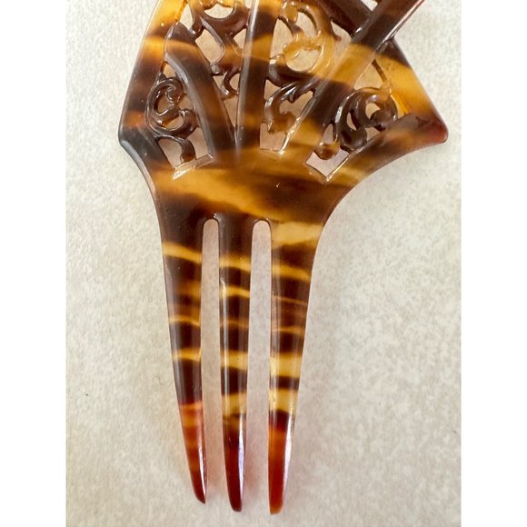 Antique Edwardian 1900s carved celluloid faux tortoiseshell 3 prong hair comb main image 6
